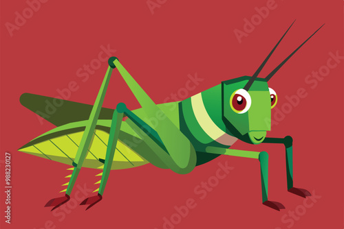 A vibrant depiction of a green cricket showcasing intricate details and features against a bold red backdrop.