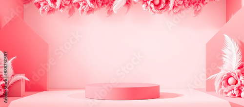 Pink Product Display with Feathers and Geometric Shapes