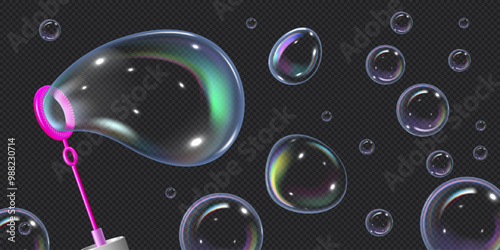 Realistic illustration of a banner with soap bubbles of different shapes with a blown ring.