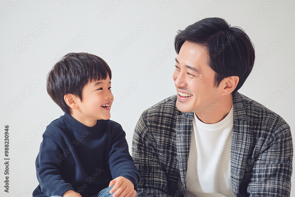 Loving father and young son smiling and sharing joyful moments, either looking at each other or at the camera, in a cozy white studio setting, capturing heartwarming family interactions. Loving father and young son smiling and sharing joyful moments, either looking at each other or at the camera, in a cozy white studio setting, capturing heartwarming family interactions.
