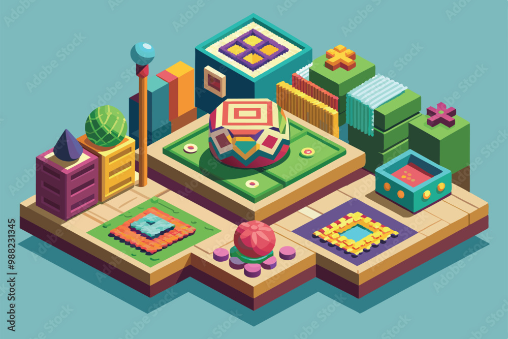 A vibrant design station showcases customizable crochet patterns and textures in an isometric arrangement, inviting creativity and inspiration. A vibrant design station showcases customizable crochet patterns and textures in an isometric arrangement, inviting creativity and inspiration.
