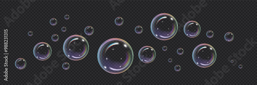 Vector realistic illustration with the image of soap bubbles of round shape, different sizes.