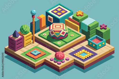 A vibrant design station showcases customizable crochet patterns and textures in an isometric arrangement, inviting creativity and inspiration.