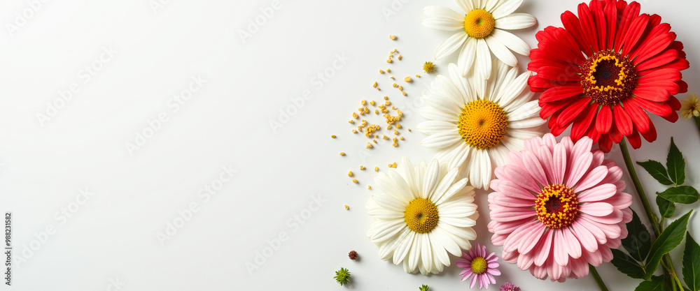 White and Red Daisy Flowers on White Background White and Red Daisy Flowers on White Background