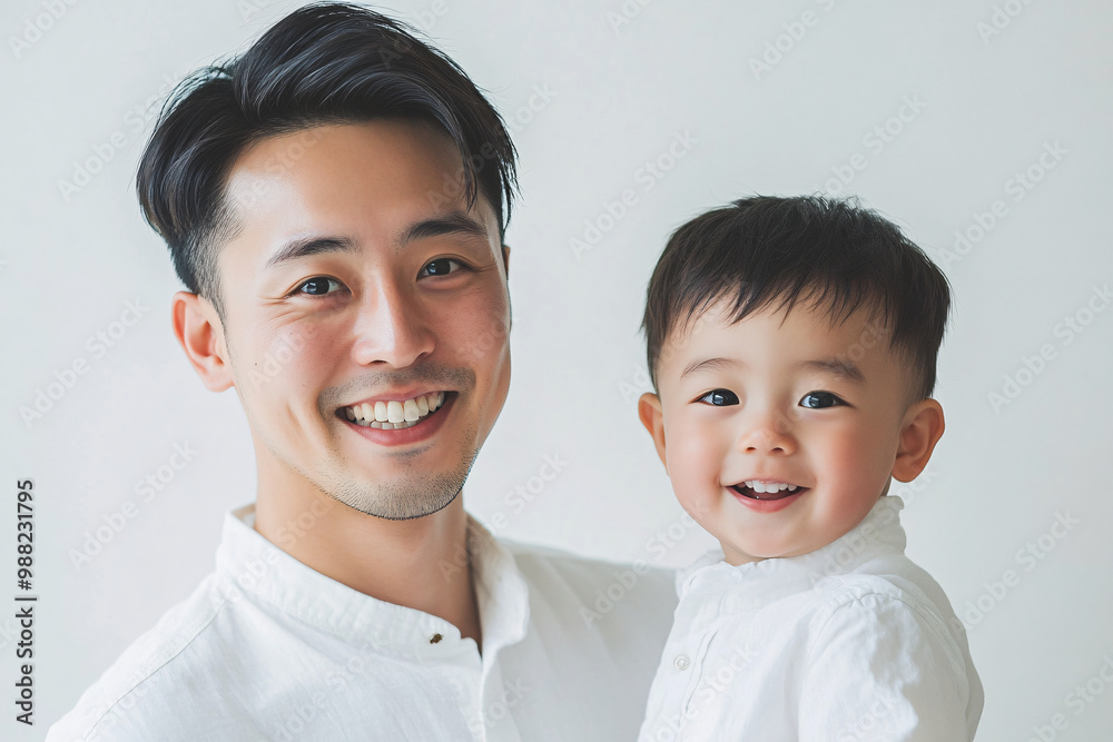 Loving father and young son smiling and sharing joyful moments, either looking at each other or at the camera, in a cozy white studio setting, capturing heartwarming family interactions. Loving father and young son smiling and sharing joyful moments, either looking at each other or at the camera, in a cozy white studio setting, capturing heartwarming family interactions.