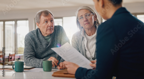 Fotografie Conversation, documents and senior couple with financial advisor for retirement annuity saving account