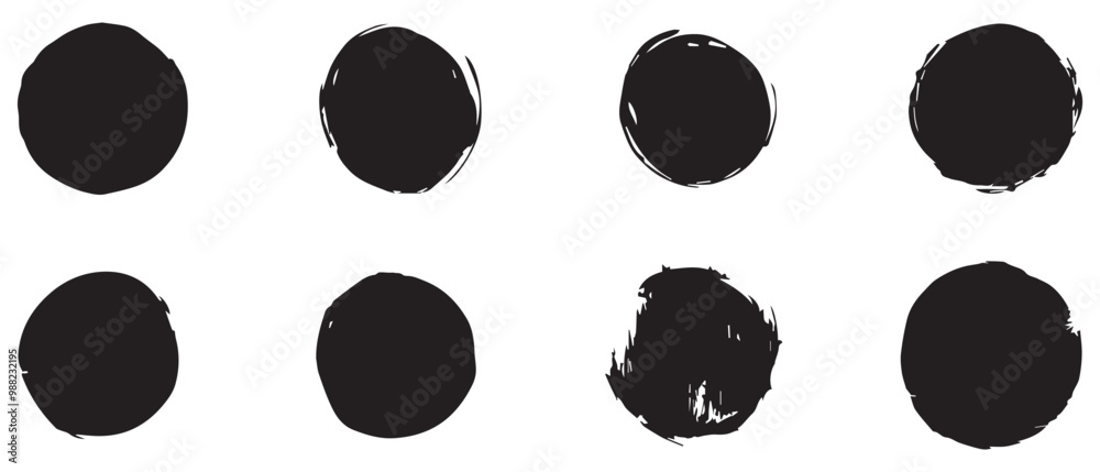 black hand-drawn circles with various brush strokes on a white background. black hand-drawn circles with various brush strokes on a white background.
