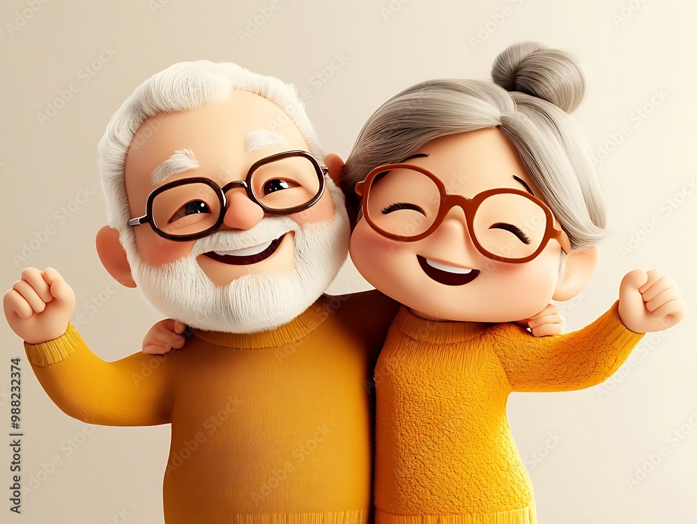 3D Illustration of a Happy Senior Couple Wearing Yellow Sweaters 3D Illustration of a Happy Senior Couple Wearing Yellow Sweaters