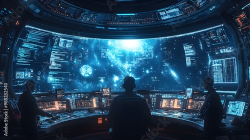 Circular control room aboard a spaceship, crew immersed in holographic interfaces, vibrant digital displays wrapping around them, stars glittering outside