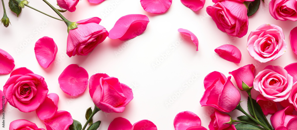Pink roses and petals frame on white background Pink roses and petals frame on white background