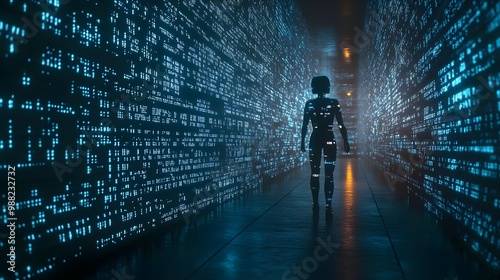 Person walking in digital data corridor