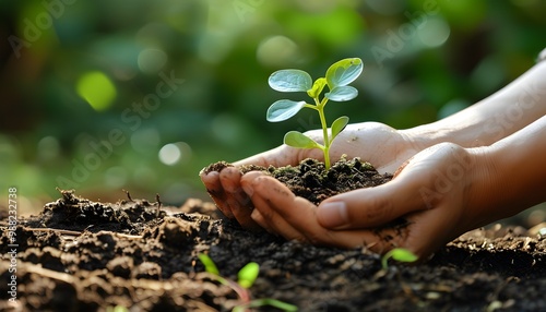 Nurturing the Earth: Hands Cradling a Seedling Symbolizing Environmental Stewardship and Sustainability