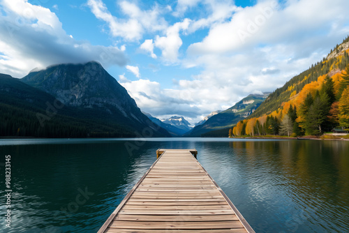 Tranquil Lake and Wooden Pier Surrounded by Mountains.generative AI