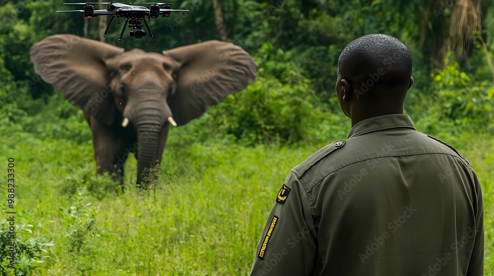 Ranger watches elephant with drone technology Ranger watches elephant with drone technology