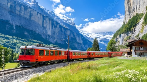 Red train travels through scenic mountains