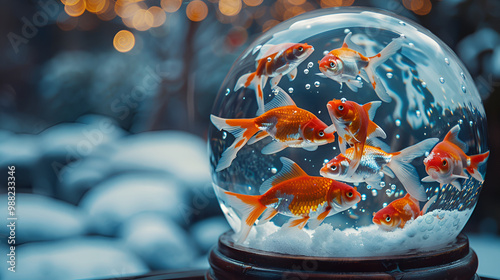 Vibrant goldfish swimming inside a clear glass bowl, creating a beautiful and serene underwater scene, perfect for home decor and aquatic life lovers, showcasing peaceful fish photography