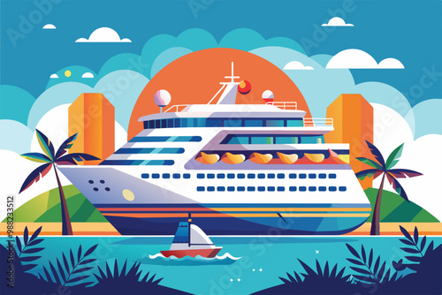 A vibrant cruise ship sails through crystal-clear waters, surrounded by lush palm trees and a stunning sunset backdrop.