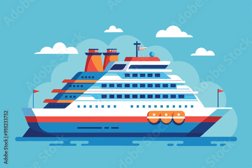 A colorful cruise ship glides smoothly over calm waters, surrounded by fluffy clouds and a bright blue sky, capturing the essence of a relaxing voyage.