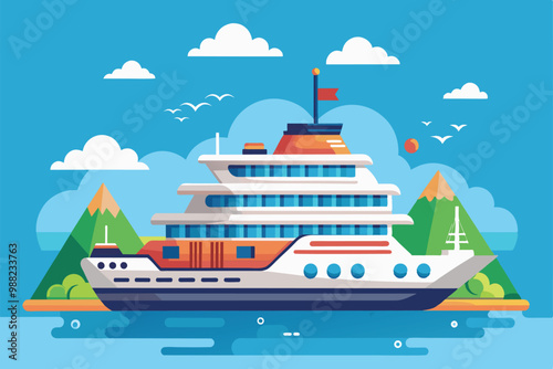 A vibrant illustration of a customizable cruise ship anchored in calm waters, surrounded by lush mountains and a clear bright sky, perfect for ocean adventures.