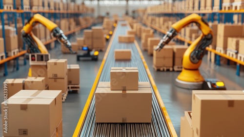 Automated warehouse with robotic arms sorting boxes on a conveyor belt, showcasing modern logistics and technology in action.