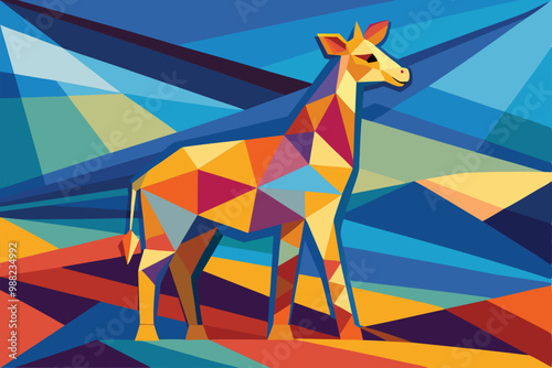A striking cubist portrayal of a giraffe contrasts against a vivid geometric landscape filled with blue, orange, and red hues.