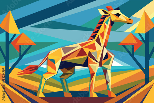 A colorful cubist giraffe stands gracefully amidst abstract shapes, with trees and geometric hills creating a vibrant artistic expression.