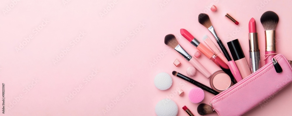 Colorful makeup tools and cosmetics arranged stylishly on a pink background, perfect for beauty-themed projects and promotions. Colorful makeup tools and cosmetics arranged stylishly on a pink background, perfect for beauty-themed projects and promotions.