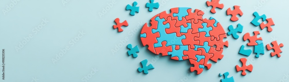 Obraz premium Colorful puzzle pieces shaped like a brain represent creativity and problem-solving. Ideal for educational or mental health themes.