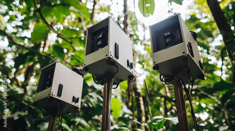 Technology devices in a lush green forest Technology devices in a lush green forest