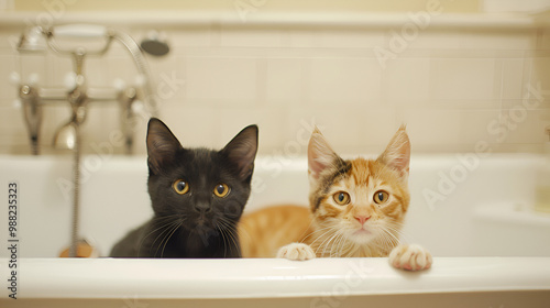 Adorable kittens relaxing in a white bathtub, looking curious and playful ,Cute black and orange kittens in a cozy home bathroom setting, perfect for lovers of adorable pet photography and animal port