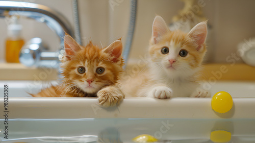 Adorable kittens relaxing in a white bathtub, looking curious and playful ,Cute black and orange kittens in a cozy home bathroom setting, perfect for lovers of adorable pet photography and animal port