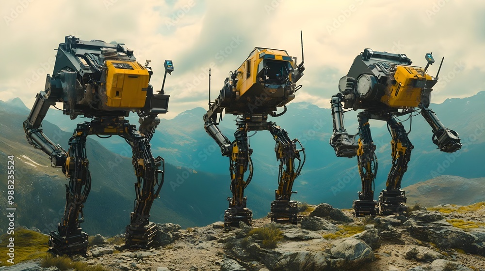 Three robotic machines on mountain peak Three robotic machines on mountain peak