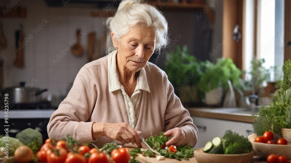 An elderly woman prepares a vegetable salad in the Scandinavian-style kitchen. International Day of Older Persons. An elderly woman prepares a vegetable salad in the Scandinavian-style kitchen. International Day of Older Persons.