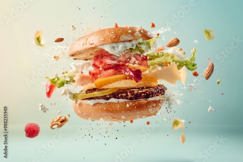 A delicious floating burger with fresh ingredients catches the eye. This vibrant photo showcases flavors and fun. Perfect for food lovers and brands. Generative AI photo