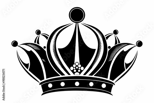 Asymmetrical black-and-white vector illustration of a royal crown with pointed tips and round orbs at the top. Beautiful crown silhouette vector art illustration