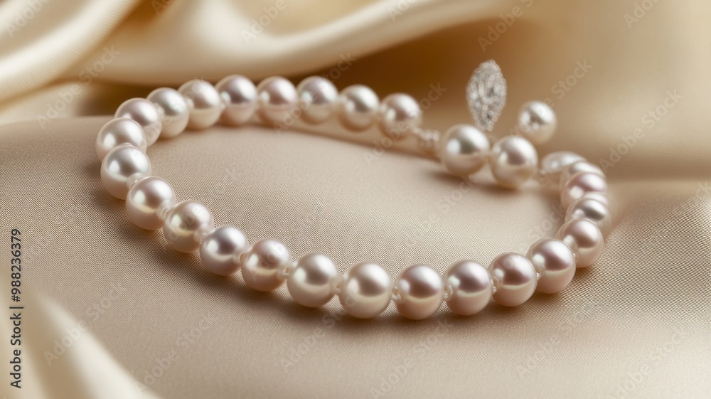 Elegant pearl bracelet resting on soft satin fabric, perfect for showcasing luxury and sophistication in jewelry photography. Elegant pearl bracelet resting on soft satin fabric, perfect for showcasing luxury and sophistication in jewelry photography.