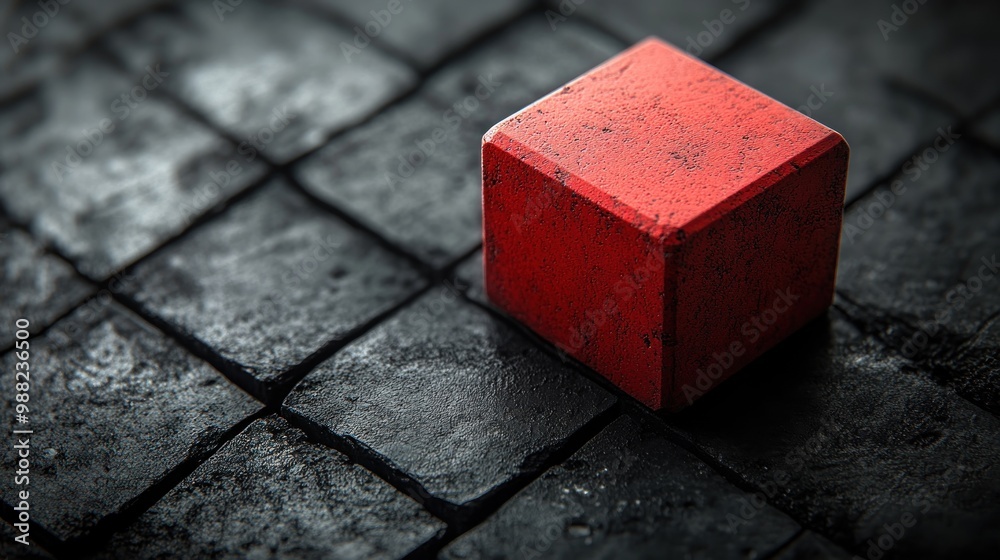 A red cube on a textured black surface, creating contrast.