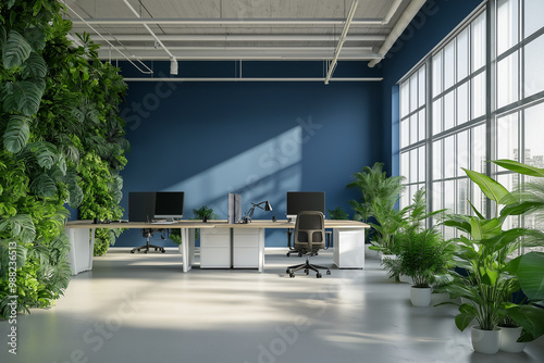 This is an office space with plants, desks, and large windows