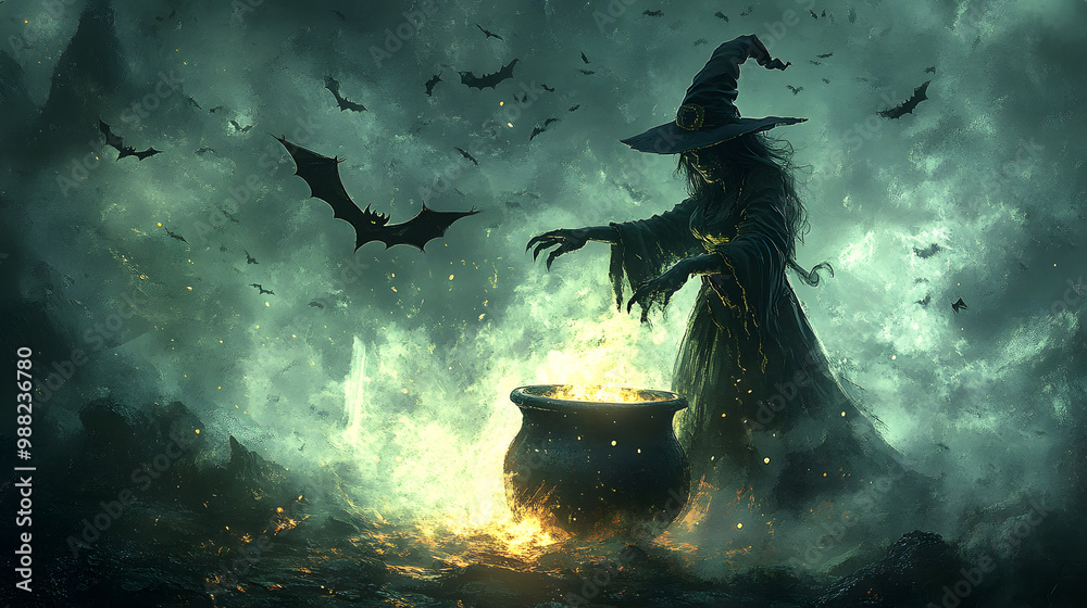 Obraz premium A wicked witch stirring a bubbling cauldron, with flying bats and eerie mist in the background. She eerie setting, surrounded by bats and an enchanting fog.
