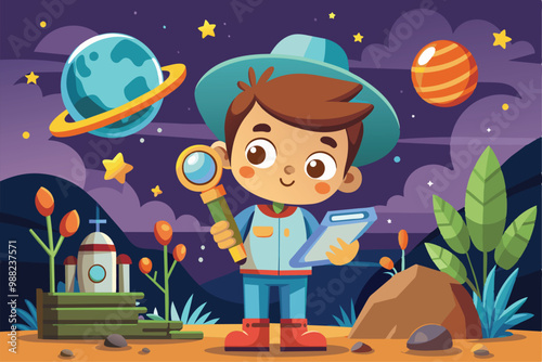 A curious child holds a magnifying glass and notebook, exploring a vibrant alien landscape filled with planets and stars under a starry night sky.