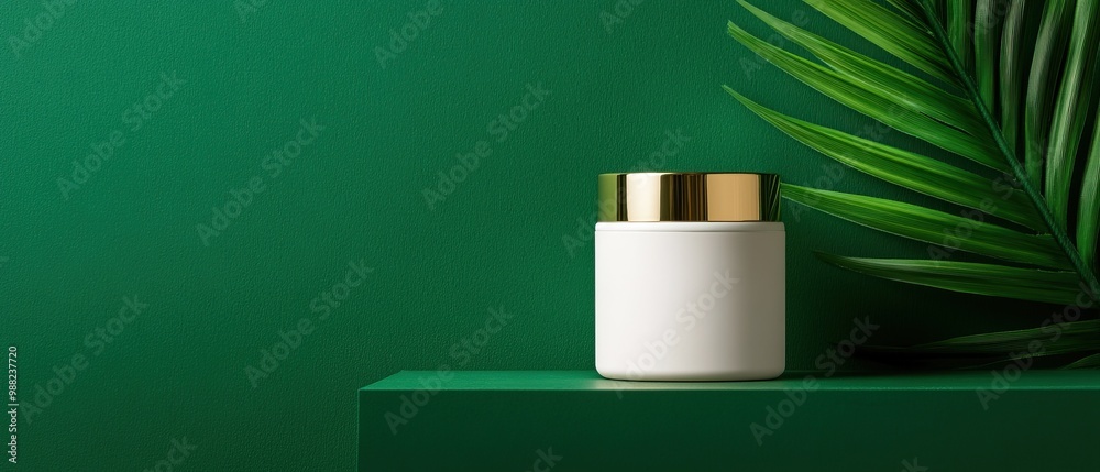 A sleek, white cosmetic jar with a gold lid sits elegantly on a green surface, complemented by a tropical palm leaf backdrop. A sleek, white cosmetic jar with a gold lid sits elegantly on a green surface, complemented by a tropical palm leaf backdrop.