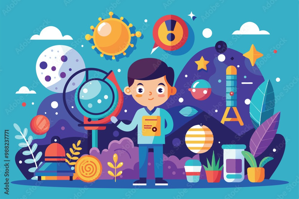 Naklejka premium A young child engages with various scientific elements like planets, stars, and telescopes in a vibrant cosmic environment, showcasing a sense of wonder and curiosity.