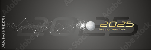 Happy New Year 2025 the new year of the sports games greeting card. Cyberspace network movement of a sports ball line design black abstract background