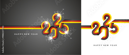 New Year 2025 flag ribbon in the shape of 2025. Abstract light black red yellow flag of Germany shape 2025 logo with sparkle firework isolated on white and black background