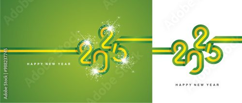New Year 2025 flag ribbon in the shape of 2025. Abstract light green yellow flag of Brazil shape 2025 logo with sparkle firework isolated on white and green background