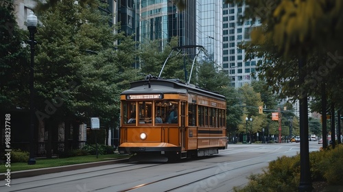 Vintage streetcar on city street.