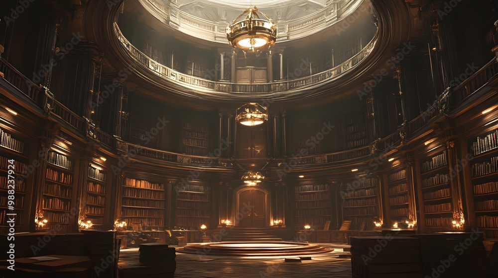 Obraz premium A towering circular library with rows of ancient scrolls and dusty tomes, arranged in flawless symmetry, illuminated by glowing chandeliers above