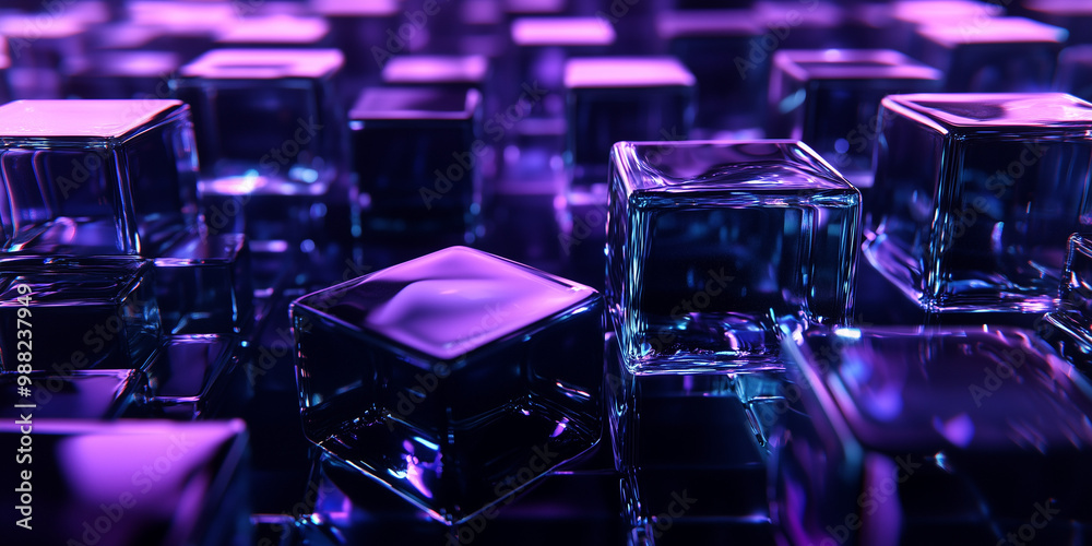 A black background features blue and purple glass squares reflecting light, with two translucent shapes suggesting movement and a large cube in the corner for depth A black background features blue and purple glass squares reflecting light, with two translucent shapes suggesting movement and a large cube in the corner for depth
