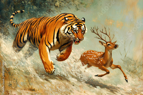 a tiger chasing a deer