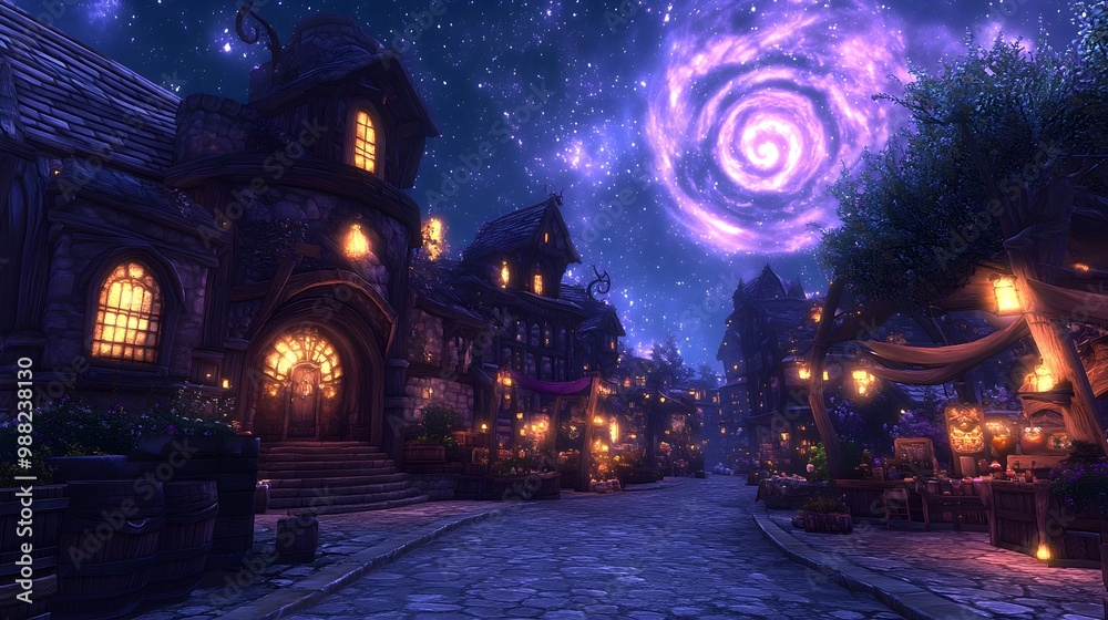 A vibrant circular market filled with enchanted items, vendors selling glowing potions and magical artifacts, twilight sky with mystical energy swirling above A vibrant circular market filled with enchanted items, vendors selling glowing potions and magical artifacts, twilight sky with mystical energy swirling above